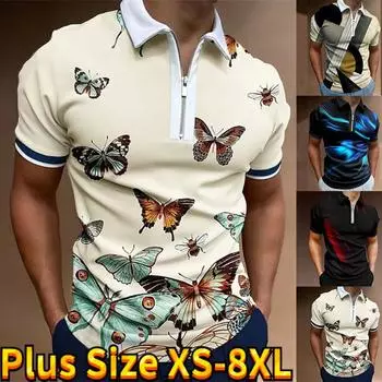 Повседневная футболка с лацканами, молодежная мужская модная футболка на молнии, футболка с коротким рукавом, мужская футболка с 3D принтом летающей бабочки XS бежевый
