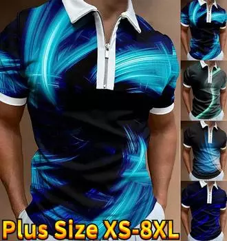 Повседневная футболка с лацканами, молодежная мужская модная футболка на молнии, футболка с коротким рукавом, мужская футболка с 3D синим сияющим принтом XS чёрный