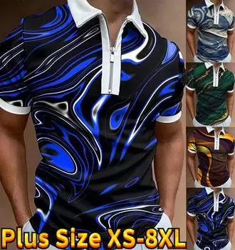 Повседневная футболка с лацканами, молодежная мужская модная футболка на молнии, футболка с коротким рукавом, мужская футболка с 3D принтом синей воды озера XS синий