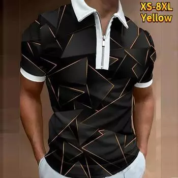 Повседневная футболка с лацканами, молодежная мужская модная футболка на молнии, футболка с коротким рукавом, мужская футболка с 3D желтым принтом