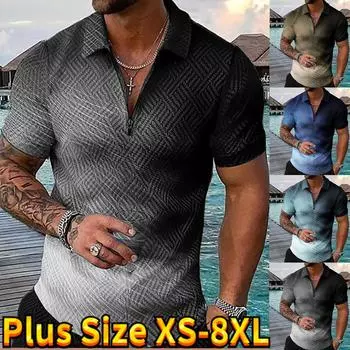 Повседневная футболка с лацканами, молодежная мужская модная футболка на молнии, футболка с коротким рукавом, мужская футболка с 3D текстурированной текстурой и принтом XS чёрный