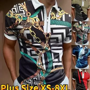 Повседневная футболка с лацканами, молодежная мужская модная футболка на молнии, футболка с коротким рукавом, мужская футболка с 3D цепным принтом XS чёрный