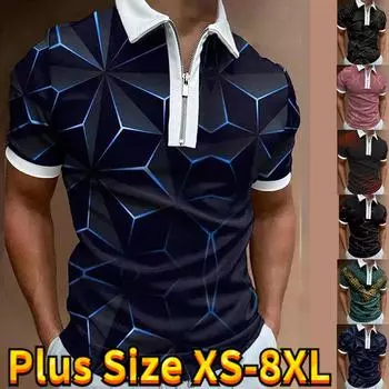 Повседневная футболка с лацканами, молодежная мужская модная футболка на молнии, футболка с коротким рукавом, мужская футболка с 3D синим полосатым принтом XS циан