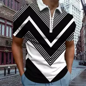 Повседневная футболка с лацканами, молодежная мужская модная футболка на молнии, футболка с коротким рукавом, мужская футболка с 3D полосатым принтом XS белый