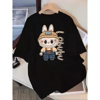 Повседневная футболка с мультяшным принтом Лабу, круглый вырез, короткий рукав, взрослая, наряд на весну/лето/осень S