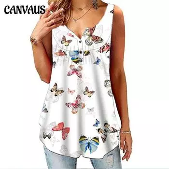 Повседневная футболка с открытыми плечами с бабочкой/цветочным принтом, женская летняя повседневная футболка с принтом, свободные топы без рукавов, женская блузка S