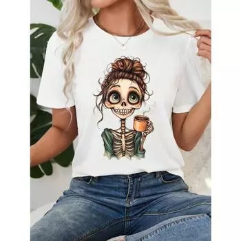 Повседневная футболка с принтом девушки-скелета, облегающая, с круглым вырезом и коротким рукавом, женская, хлопок, подходит для лета S