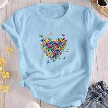 Повседневная футболка с принтом в виде сердца, свободный круглый вырез, короткий рукав, модные топы, женская одежда XS розовый