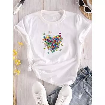 Повседневная футболка с принтом в виде сердца, свободная, с коротким рукавом, модные топы, женская одежда, с круглым вырезом, слегка эластичные рубашки S