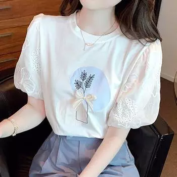 Повседневная футболка с принтом, женские элегантные летние женские топы с круглым вырезом, кружевная рубашка в корейском стиле, пышная блузка с короткими рукавами 27463 S белый