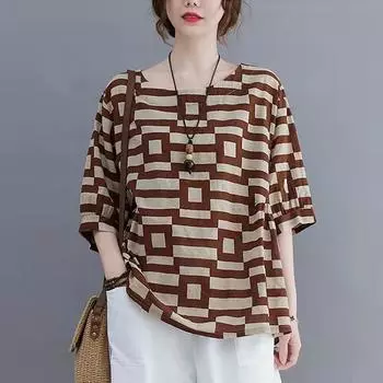 Повседневная футболка с винтажным принтом и свободной талией, летняя женская одежда, модные универсальные топы из хлопка и конопли с коротким рукавом и круглым вырезом XXXXL чёрный