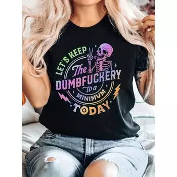 Повседневная футболка с забавным принтом в виде черепа и букв, с круглым вырезом и короткими рукавами, слегка эластичная спортивная футболка, женская спортивная одежда с принтом S