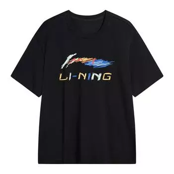 Повседневная футболка свободного кроя с принтом логотипа Li Ning, удобная, универсальная, с коротким рукавом и круглым вырезом, влагоотводящая, унисекс, черная AHSUA49-4 L