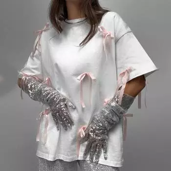 Повседневная футболка женская с круглым вырезом и коротким рукавом, футболка с бантом, свободный крой, эластичный пуловер, топы S белый