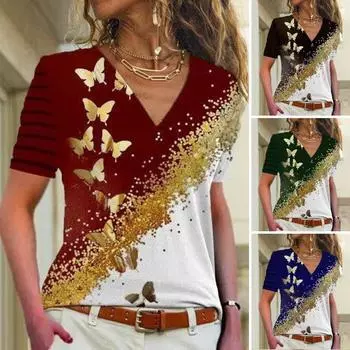 Повседневная футболка женская с v-образным вырезом и коротким рукавом, приталенная футболка с блестящим принтом бабочек, эластичная футболка XL зелёный