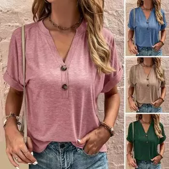 Повседневная футболка женская с v-образным вырезом и пуговицами, футболка с коротким рукавом, однотонная, свободная посадка 2XL хаки