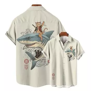 Повседневная гавайская рубашка мужская японская рубашка с 3D-узором Bushido мужские рубашки мультяшные животные кошка 3D-печать мужская рубашка мужская одежда M