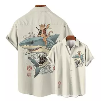 Повседневная гавайская рубашка мужская японская рубашка с 3D-узором Bushido мужские рубашки мультяшные животные кошка 3D-печать мужская рубашка мужская одежда S