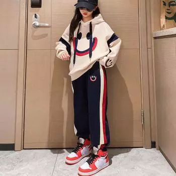 Повседневная хлопковая толстовка с капюшоном + брюки для девочек от 5 до 16 лет, осень-зима-весна, спортивные костюмы для детей-подростков в корейском стиле, комплекты детской одежды 120cm