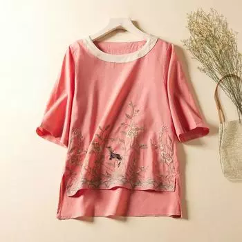 Повседневная хлопково-льняная рубашка, летний топ с вышивкой в стиле ретро, женская художественная блузка с круглым вырезом M чёрный