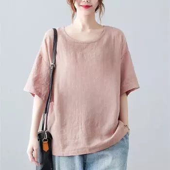 Повседневная художественная хлопковая льняная женская футболка с короткими рукавами, винтажный топ на лето, свободный крой, одежда для мам больших размеров XXXXL чёрный