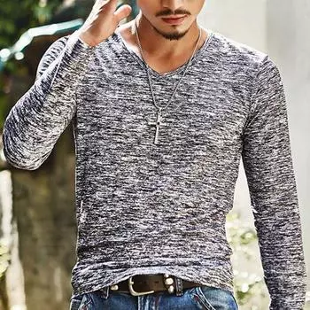 Повседневная и модная однотонная мужская футболка, весенне-осенняя тонкая мужская футболка с v-образным вырезом.