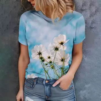 Повседневная и модная женская летняя универсальная футболка с короткими рукавами светло-голубого градиента с цветочным принтом S