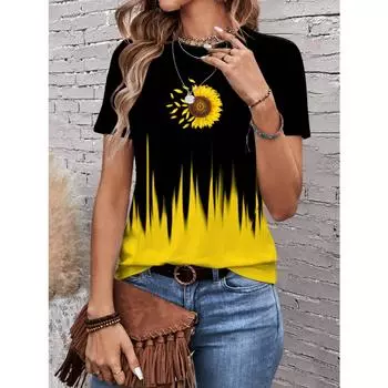 Повседневная и простая женская футболка с круглым вырезом и коротким рукавом с принтом подсолнуха, подходит для лета S
