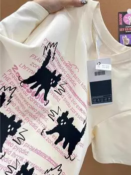 Повседневная кавайная американская летняя женская новая забавная одежда с круглым вырезом, милая футболка с короткими рукавами и принтом «пугающий кот» M абрикосовый