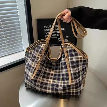 Повседневная клетчатая холщовая сумка для женщин, универсальная сумка через плечо, большая вместимость, новая мода