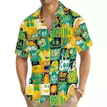 Повседневная клетчатая мужская рубашка с короткими рукавами и принтом смешных лиц из мультфильмов, летняя повседневная одежда для улицы с мужской рубашкой большого размера S