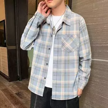 Повседневная клетчатая рубашка в стиле «маленький аромат» 2024 года, мужская рабочая куртка в стиле ретро для весны и осени M светло-синий