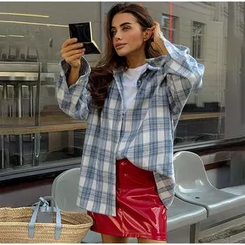 Повседневная клетчатая рубашка женская свободная весна-осень 2025 г. женское пальто с пуговицами на лацканах с длинным рукавом уютные винтажные топы женская уличная одежда S синий