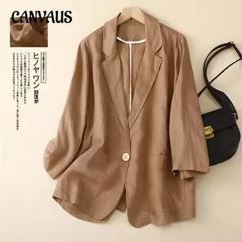 Повседневная короткая куртка из хлопка и льна с рукавом три четверти, шорты больших размеров, однотонный пиджак, топ, весенне-осенняя литературная куртка для женщин M белый