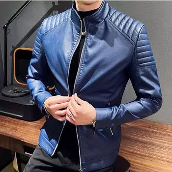 Повседневная кожаная мотоциклетная куртка мужская тонкая короткая куртка с воротником модная куртка из искусственной кожи ветрозащитная кожаная куртка пиджак мужские пиджаки 5XL M чёрный