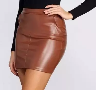 Повседневная кожаная натуральная женская официальная юбка коричневая вечерняя ручная работа из овчины S коричневый