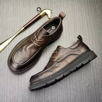 Повседневная кожаная обувь мужская из натуральной кожи в британском стиле на толстой подошве дышащая зеленая деловая обувь на шнуровке круглая мягкая подошва модная мужская обувь 38 чёрный