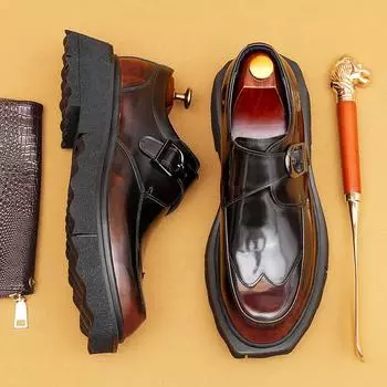 Повседневная кожаная обувь Мужская натуральная кожа Британский деловой костюм Монки с пряжкой Туфли на платформе с увеличенным голенищем 38 коричневый
