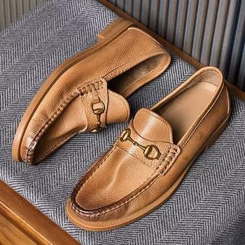 Повседневная кожаная обувь Мужская обувь Деловая британская дышащая однопедальная повседневная легкая обувь Doudou Shoes Обувь для вождения 37 коричневый