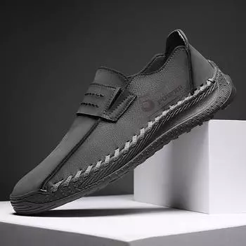 Повседневная кожаная обувь, мужские большие размеры, без шнуровки, уличные нескользящие дышащие лоферы с мягкой подошвой, сшитые вручную 38 чёрный