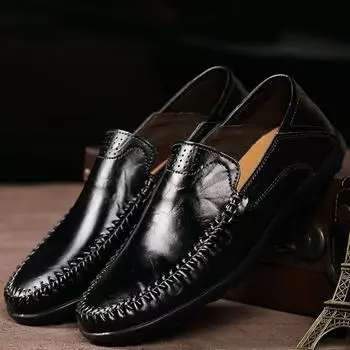 Повседневная кожаная обувь, мужские нескользящие лоферы с мягкой подошвой, обувь для ленивых, обувь для вождения, обувь для пап среднего и пожилого возраста 38 чёрный