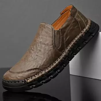 Повседневная кожаная обувь, мужские новые нескользящие лоферы с мягкой подошвой и одной педалью, износостойкие швы ручной работы 38 хаки