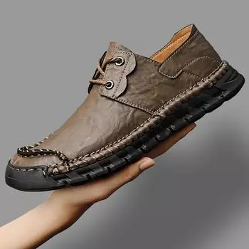 Повседневная кожаная обувь. Новые мужские нескользящие лоферы на шнуровке с мягкой подошвой ручной работы. Комфортный тренд. 38 хаки