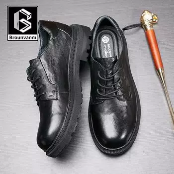 Повседневная кожаная обувь с низким верхом, большой головкой, первый слой коровьей кожи, дышащая британская деловая официальная мужская обувь 38 чёрный