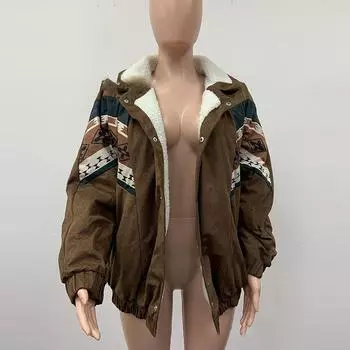 Повседневная куртка из хлопка с длинным рукавом и принтом в стиле пэчворк, женская свободная теплая куртка в стиле Харадзюку, однобортная верхняя одежда из синтетической овечьей шерсти на молнии S коричневый