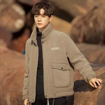 Повседневная куртка из овечьего пуха, мужская куртка на осень и зиму из утолщенного флиса для мальчиков, хлопковая куртка S серый