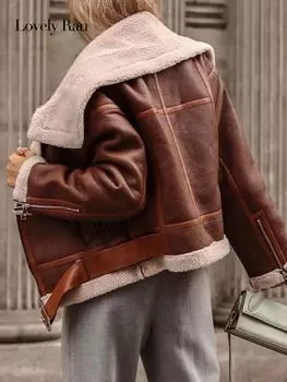 Повседневная куртка из овечьей шерсти с поясом для женщин, уличная мотоциклетная верхняя одежда из искусственной кожи с карманом на молнии, утолщенное осенне-зимнее теплое женское пальто M чёрный