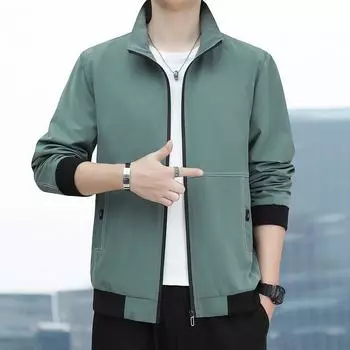 Повседневная куртка мужская весна и осень новая верхняя одежда корейский стиль модная и универсальная мужская стойка воротник зеленое тонкое пальто топы M