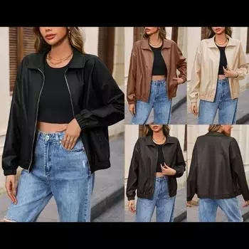 Повседневная куртка с длинным рукавом из искусственной кожи, однотонная, базовая, мотоциклетная, куртка из искусственной кожи, верхняя одежда с лацканами, женское пальто S чёрный