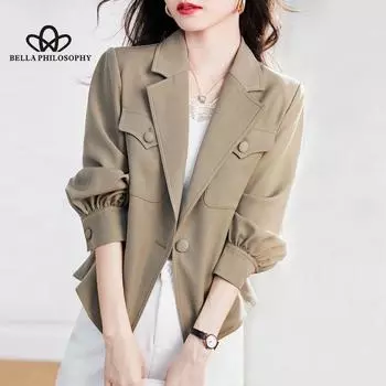 Повседневная куртка с длинным рукавом, женская осенняя новая корейская версия пиджака, универсальная куртка, свободный укороченный плащ S хаки